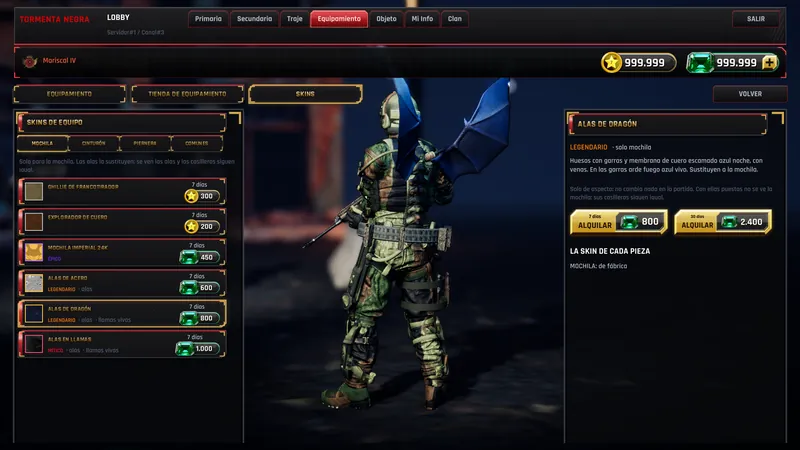 Un soldado de espaldas con las Alas de dragón en la tienda de skins de equipo