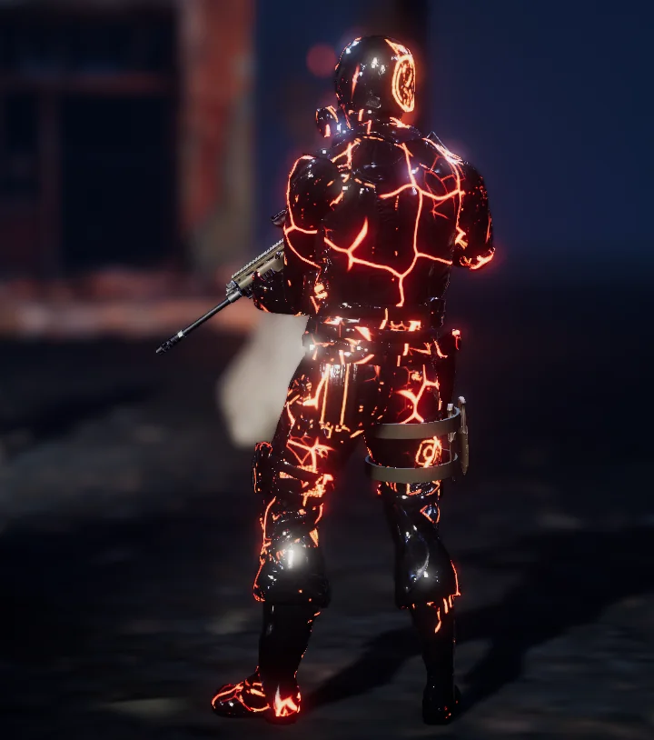 El traje Señor de la Tormenta de Fuego de espaldas