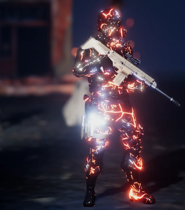 El traje Señor de la Tormenta de Fuego de frente, con el fusil